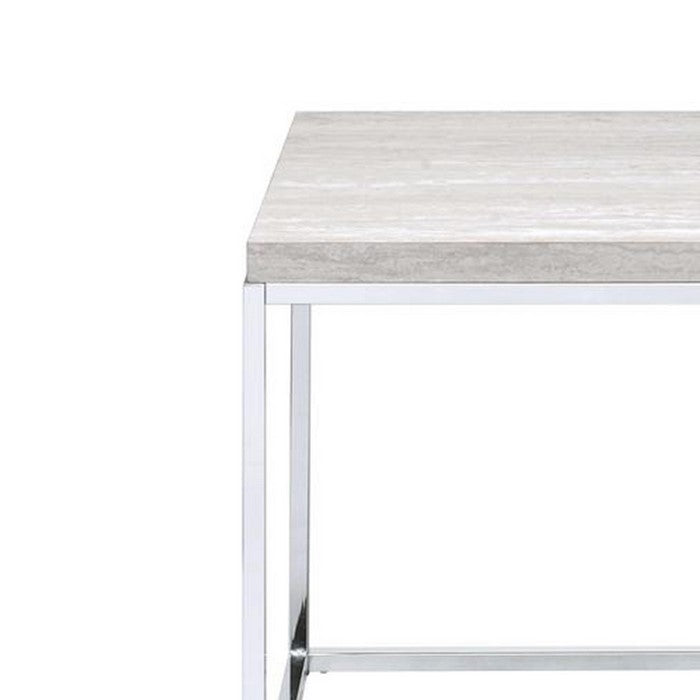 Modern Style Metal Square End Table with Wooden Top, Gray and Silver