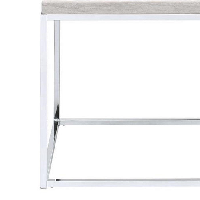 Modern Style Metal Square End Table with Wooden Top, Gray and Silver