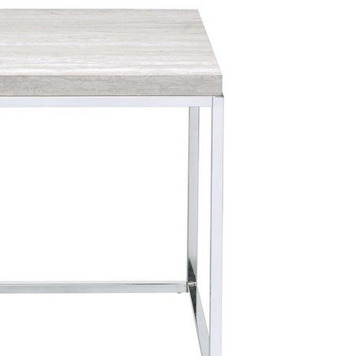 Modern Style Metal Square End Table with Wooden Top, Gray and Silver