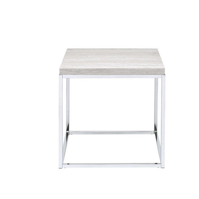 Modern Style Metal Square End Table with Wooden Top, Gray and Silver