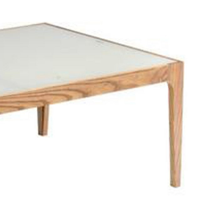 Wooden Frame Rectangular Coffee Table with Beveled Tempered Glass Top, Brown and Clear