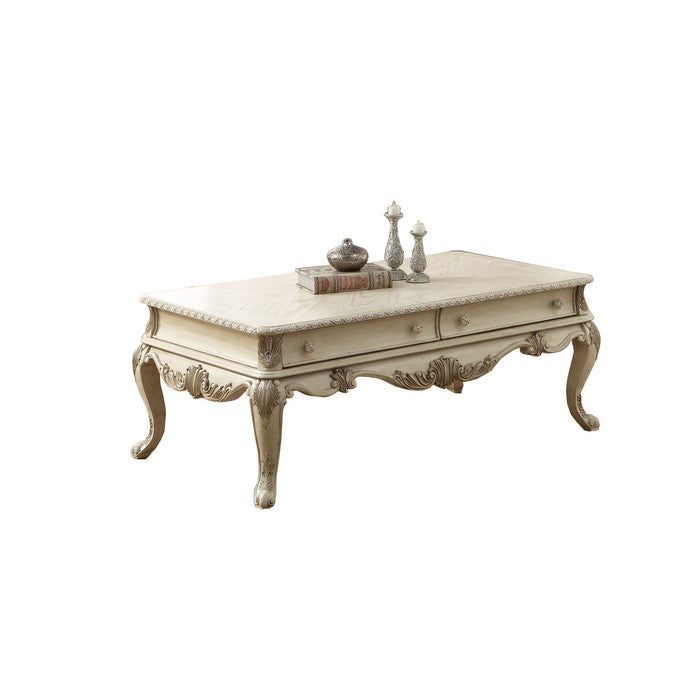 19 Inch 2 Drawer Traditional Wooden Coffee Table, Antique White