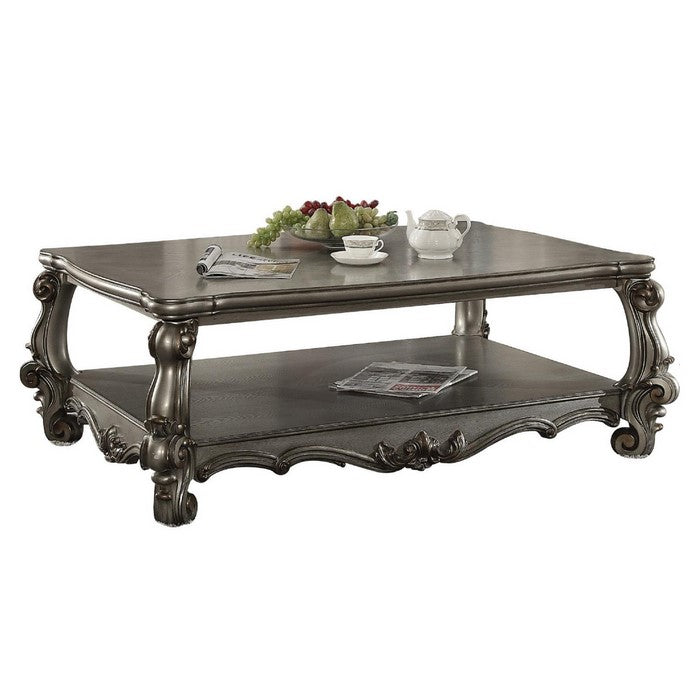 21 Inch Wooden Top Coffee Table with Scrolled Legs, Gray