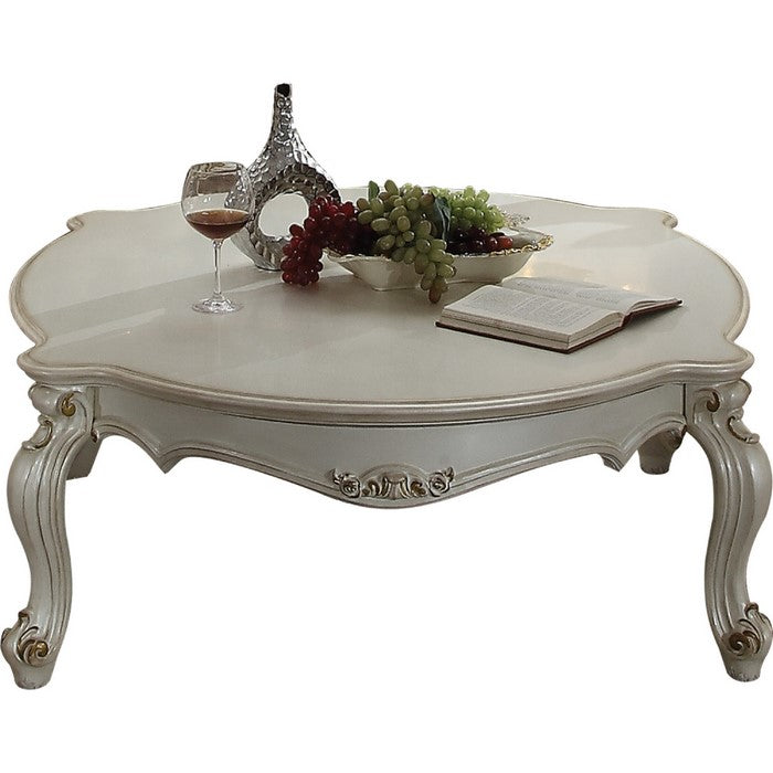Vintage Style Wooden Coffee Table with Scrolled Apron and Cabriole Legs, Pearl White