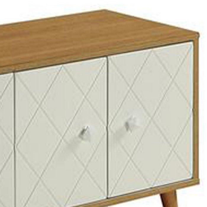 Wooden Console Table with Diamond Grid Patterned Doors, Natural Brown and White