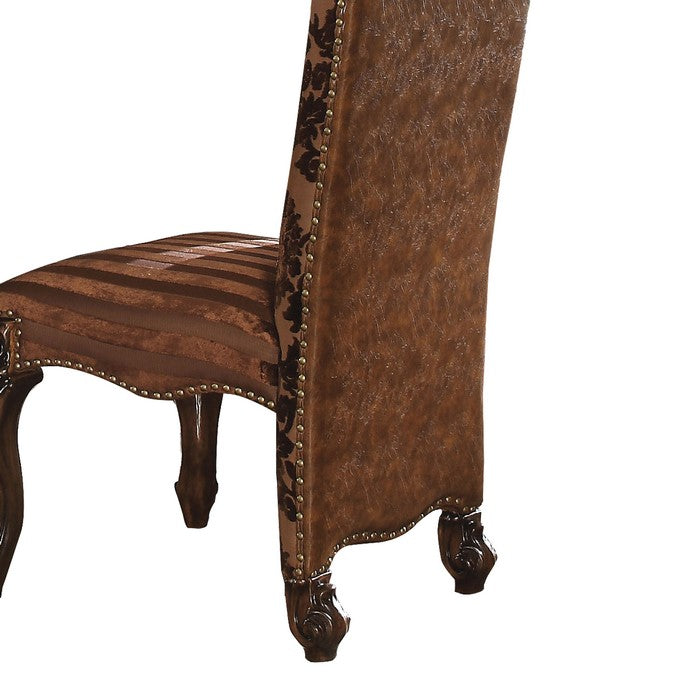 Faux Leather Upholstered Wooden Side Chair with Scrolled Carvings, Brown, Set of 2