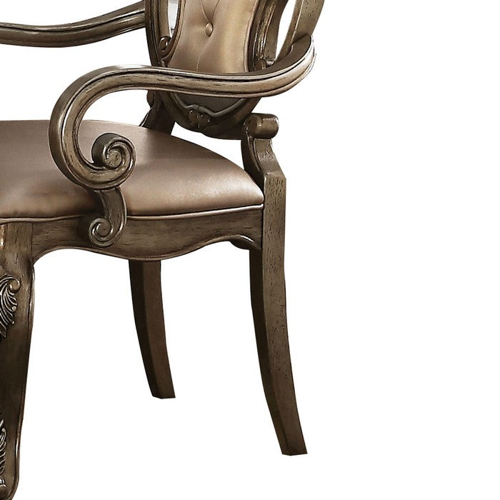 Faux Leather Upholstered Wooden Side Chair Button Tufted Back, Champaign Gold, Set of Two