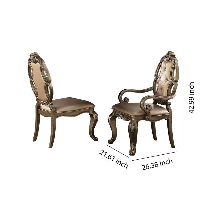 Faux Leather Upholstered Wooden Side Chair Button Tufted Back, Champaign Gold, Set of Two
