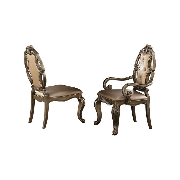 Faux Leather Upholstered Wooden Side Chair Button Tufted Back, Champaign Gold, Set of Two