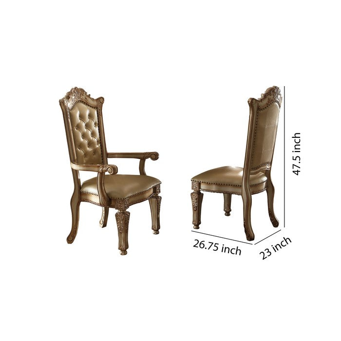 Button Tufted Side Chair with Carved Motifs, Set of 2, Gold