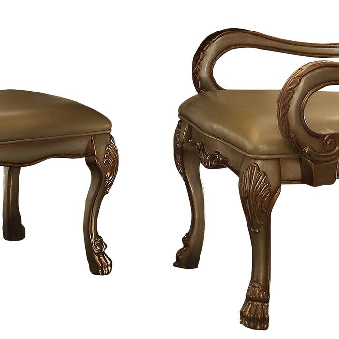 Wooden Side Chair with Claw Legs and Leatherette Seat, Beige and Gold, Set of Two