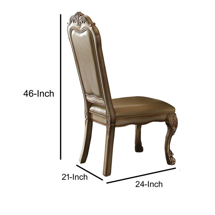 Wooden Side Chair with Claw Legs and Leatherette Seat, Beige and Gold, Set of Two