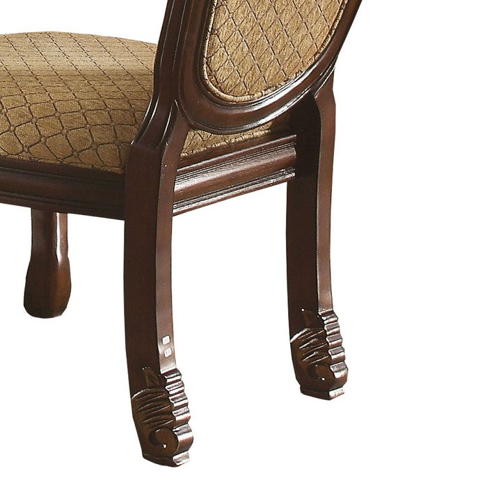 Wooden Side Chair with Fabric Upholstered Seat and Back, Brown and Beige, Set of Two