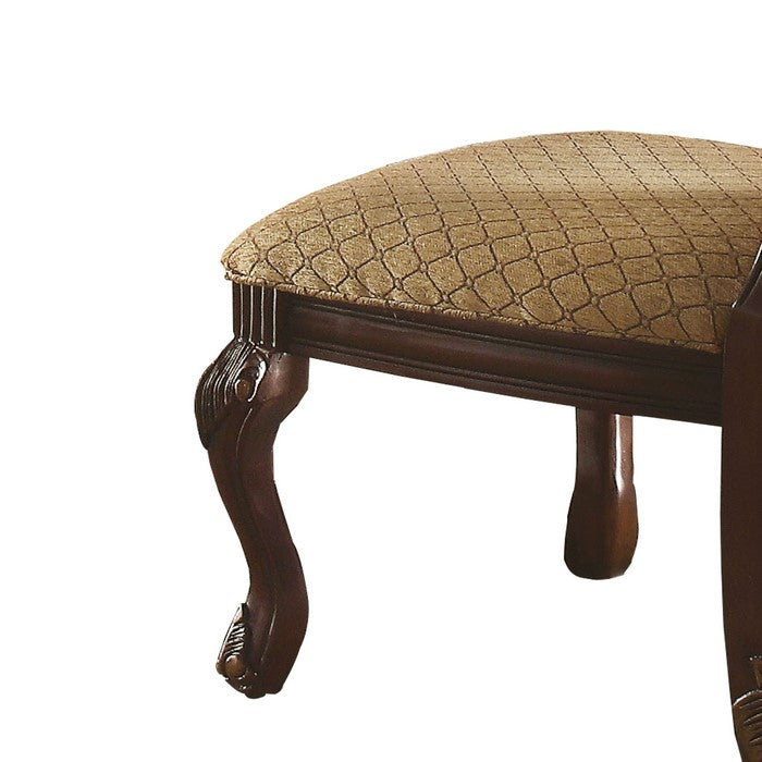 Wooden Side Chair with Fabric Upholstered Seat and Back, Brown and Beige, Set of Two