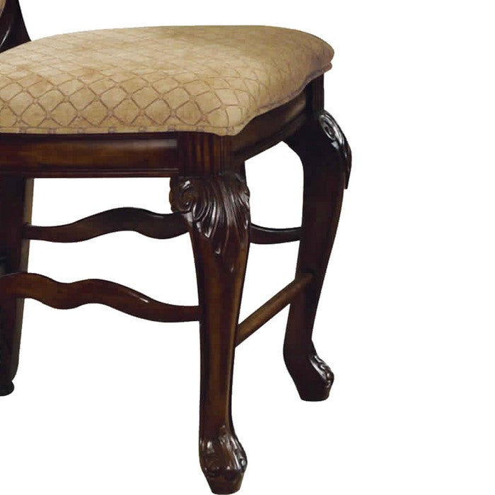 Wooden Counter Height Chair with Fabric Upholstered Seat and Back, Brown and Beige, Set of Two