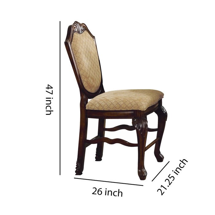 Wooden Counter Height Chair with Fabric Upholstered Seat and Back, Brown and Beige, Set of Two