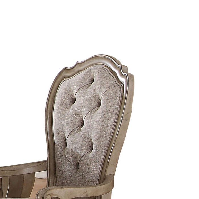 Fabric Upholstered Side Chair with Button Tufting Back, Beige and Gray, Set of Two
