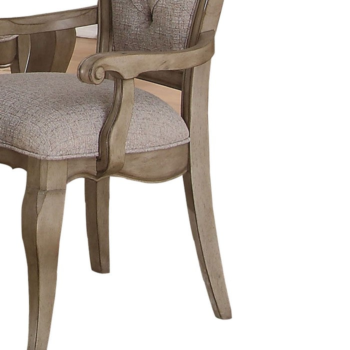 Fabric Upholstered Side Chair with Button Tufting Back, Beige and Gray, Set of Two