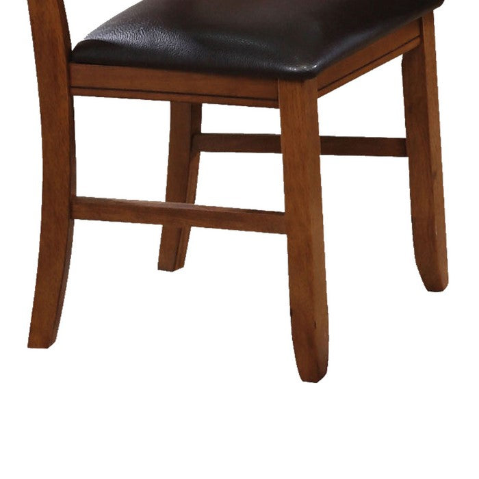 Wooden Side Chair with Faux Leather Padded Seat and X Cross Backrest, Brown, Set of Two