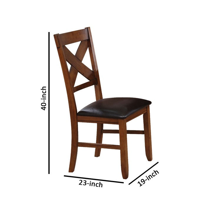 Wooden Side Chair with Faux Leather Padded Seat and X Cross Backrest, Brown, Set of Two