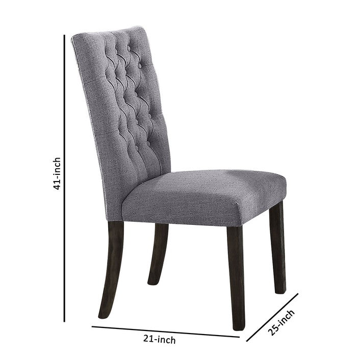 Fabric Upholstered Wooden Side Chair with Nail head Trim Accents, Gray and Brown, Set of Two