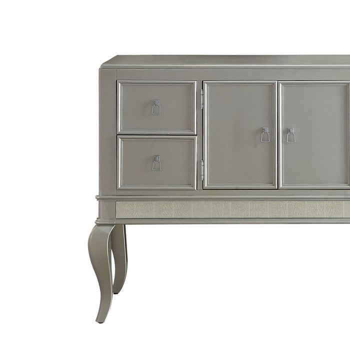 Wooden Server with Four Drawers and Mirror Accents, Champagne Silver