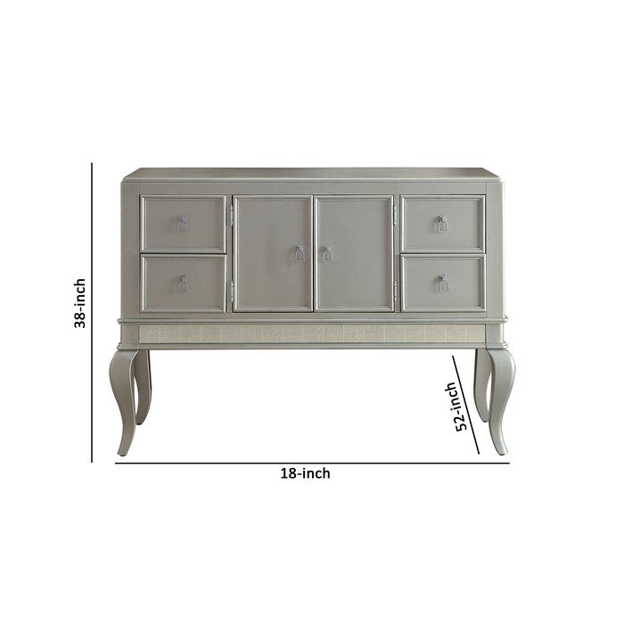 Wooden Server with Four Drawers and Mirror Accents, Champagne Silver