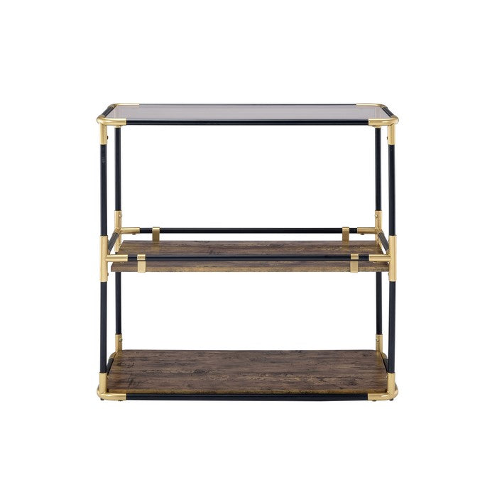 Rechange Glass Top Console Table Metal Tubular Framing and Wooden Shelves, Black and Brown