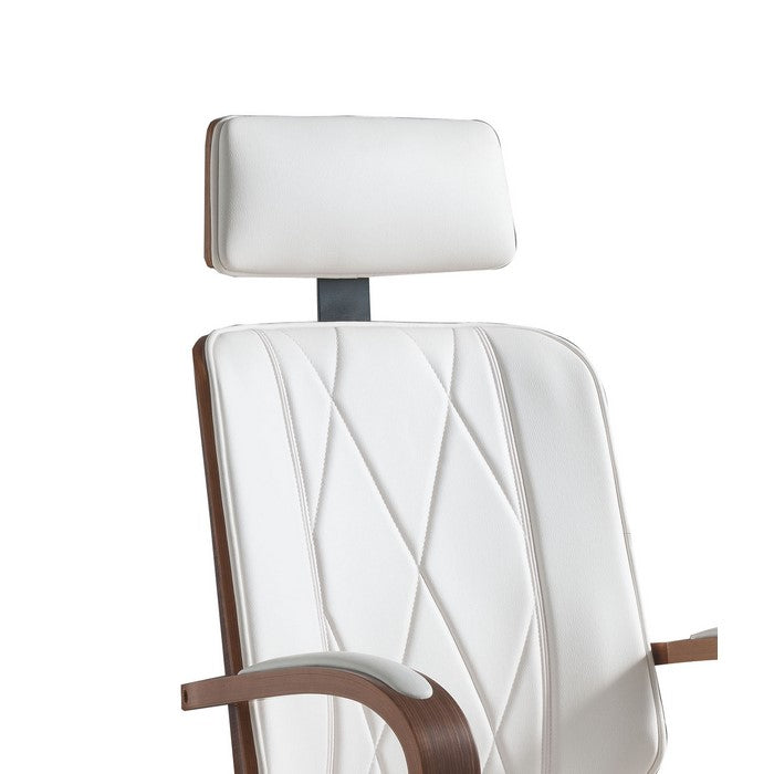 Faux Leather Office Chair Adjustable Height Swivel, White PU & Walnut brown
