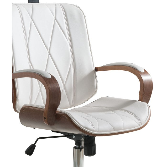 Faux Leather Office Chair Adjustable Height Swivel, White PU & Walnut brown