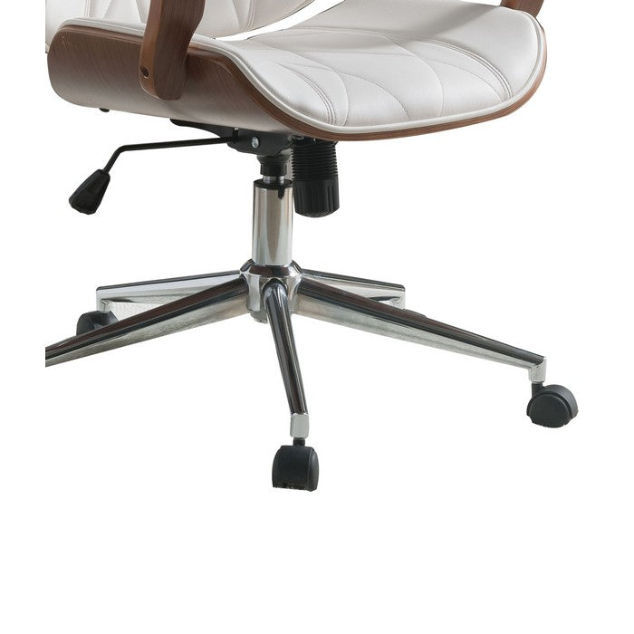 Faux Leather Office Chair Adjustable Height Swivel, White PU & Walnut brown