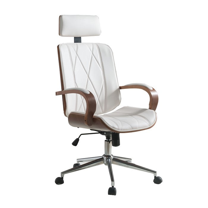 Faux Leather Office Chair Adjustable Height Swivel, White PU & Walnut brown