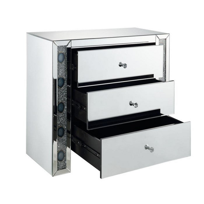 Wooden Framed Mirrored Console Table with Three Drawers and Faux Agate Accents, Silver