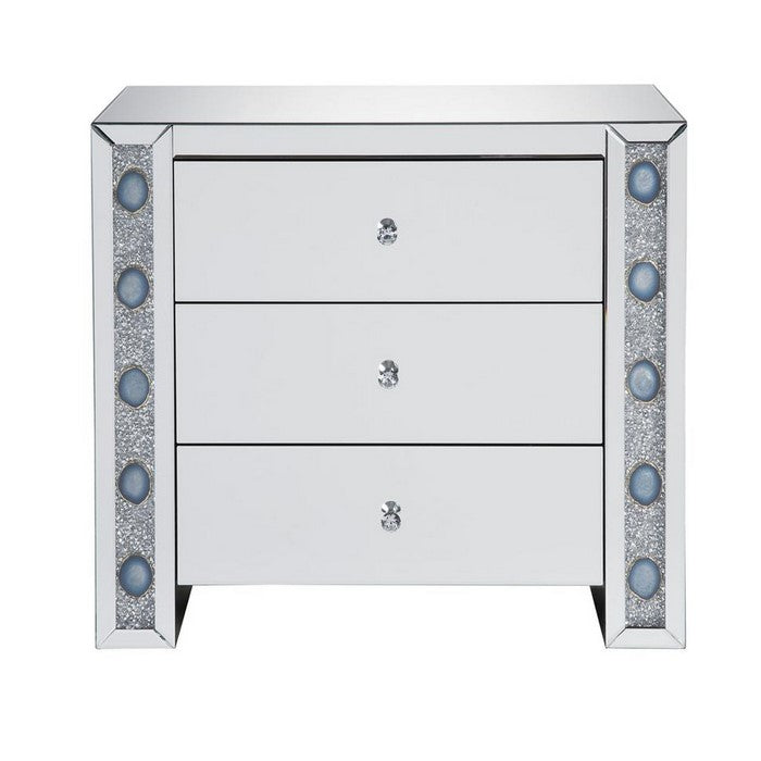Wooden Framed Mirrored Console Table with Three Drawers and Faux Agate Accents, Silver