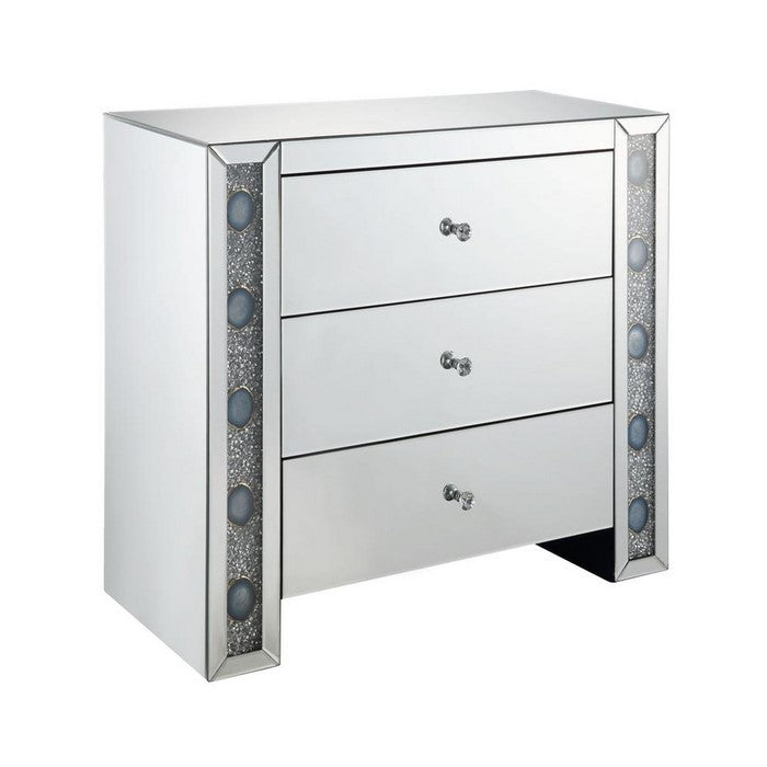Wooden Framed Mirrored Console Table with Three Drawers and Faux Agate Accents, Silver