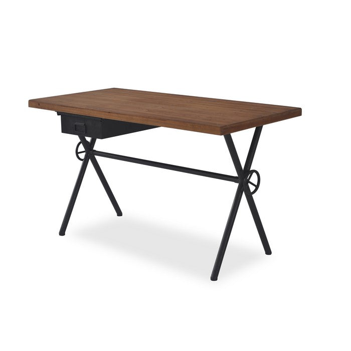 Rectangular Solid Wood Desk with One Storage Drawer and Steel Trestle Base, Brown and Black