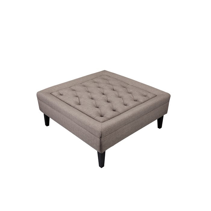 Fabric Upholstered Button Tufted Ottoman with Tapered Wooden Feet, Brown and Black