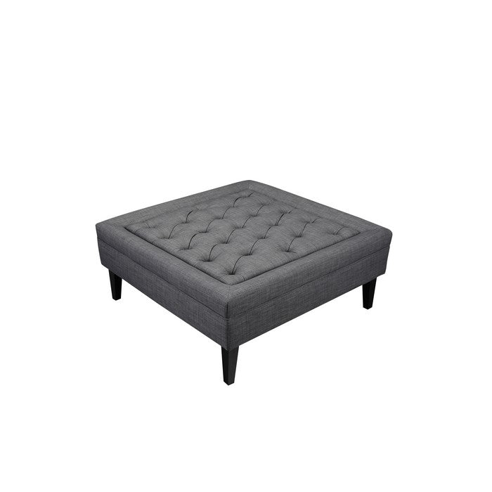 Fabric Upholstered Button Tufted Ottoman with Tapered Wooden Feet, Gray and Black