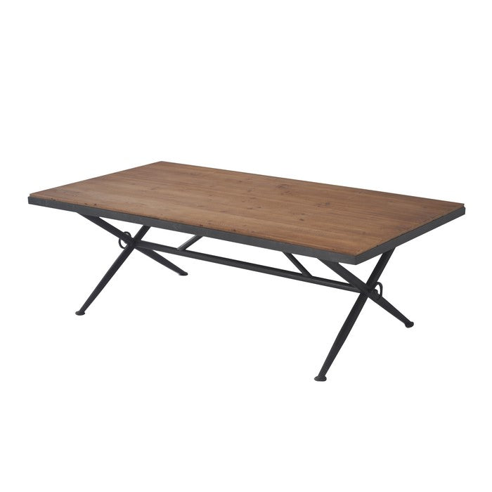 Solid Wood Rectangular Coffee Table with Steel Trestle Base and Wheel Detailing, Brown and Black