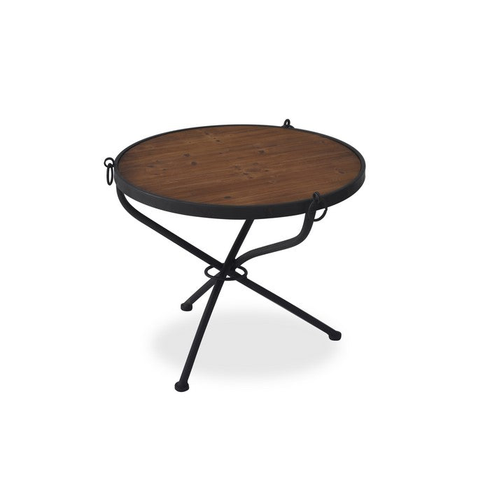 Wooden Round Table with Crossed Legs and Round Wheel Detailing, Black