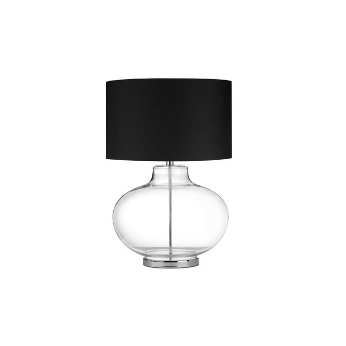 Glass Sphere Table Lamp with Metal Pole Running Inside and Drum Shade, Black and Clear