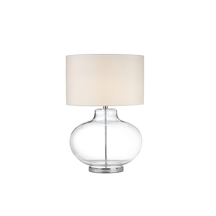 Glass Sphere Table Lamp with Metal Pole Running Inside and Drum Shade, White and Clear