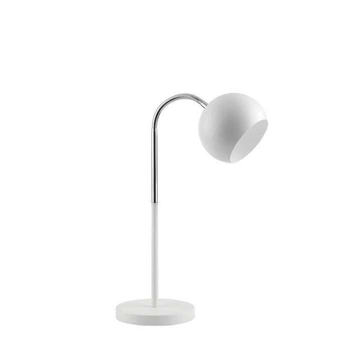 Metal Table Lamp with Goose Neck Design and Round Base, White and Silver