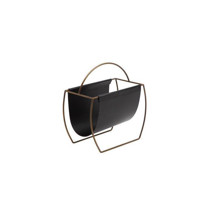Metal and Leatherette Magazine Rack with Tall Carrying Handle, Black and Gold