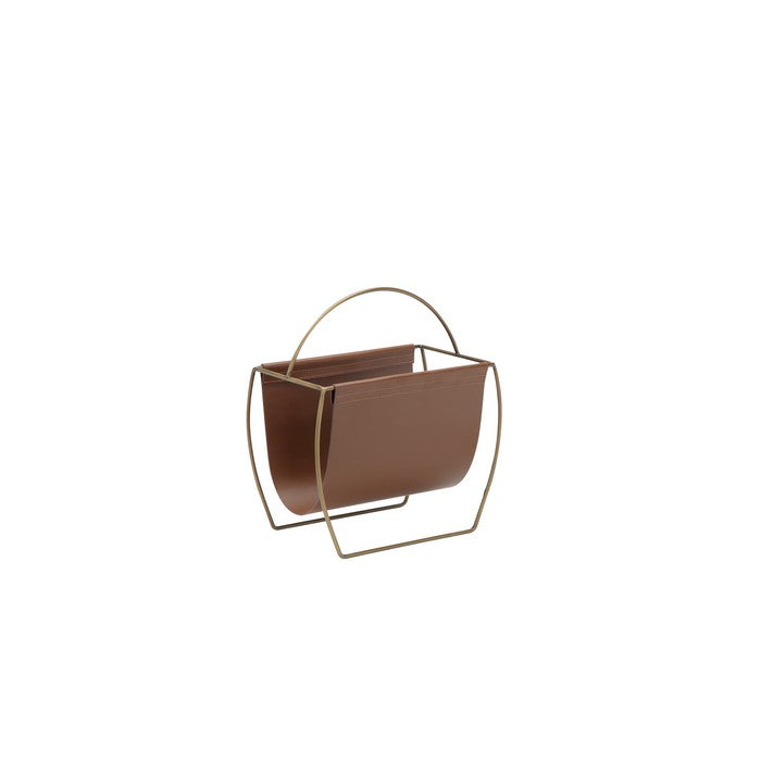 Metal and Leatherette Magazine Rack with Tall Carrying Handle, Brown and Gold