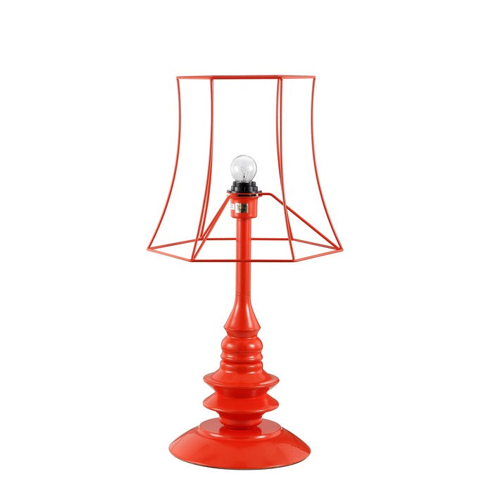 Metal Table Lamp with Wire Shade and Pedestal Style Feet, Orange