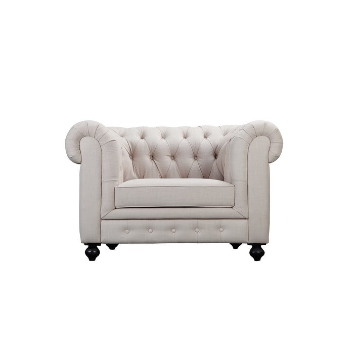 Fabric Upholstered Wooden Sofa Chair with Rolled Arms and Diamond Button Tufts, Beige and Black