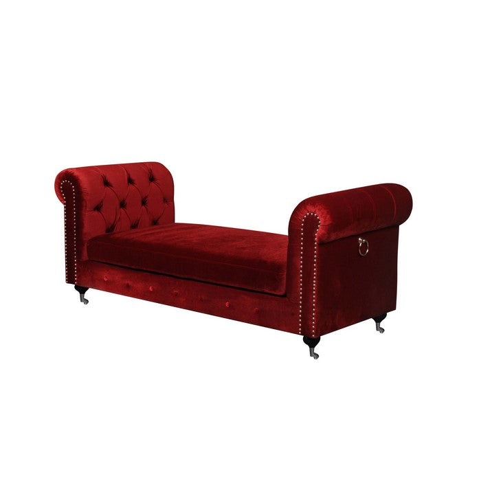 Velvet Upholstered Bench with Nail Head Trim and Steel Casters, Red and Silver