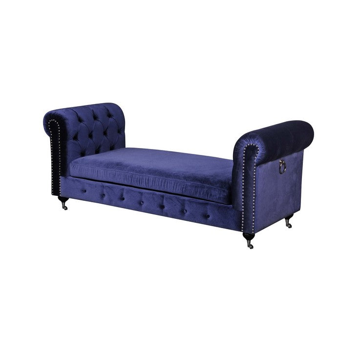 Velvet Upholstered Bench with Nail Head Trim and Steel Casters, Blue and Silver