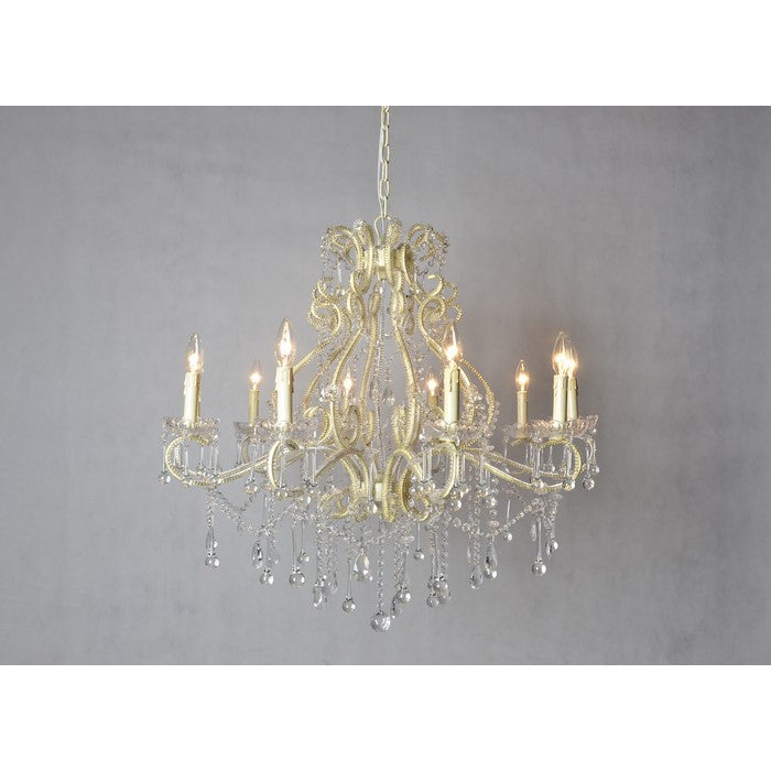 Traditional Style Iron Chandelier with Crystal Accent , White and Clear